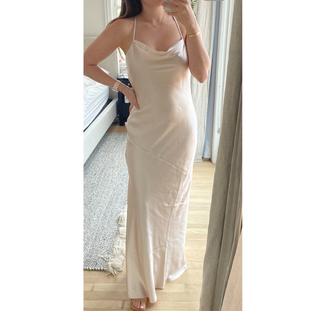 Fame and Partners Floor Length Gown Elyssa Matte Champagne Bridesmaid Dress - Picture 3 of 13
